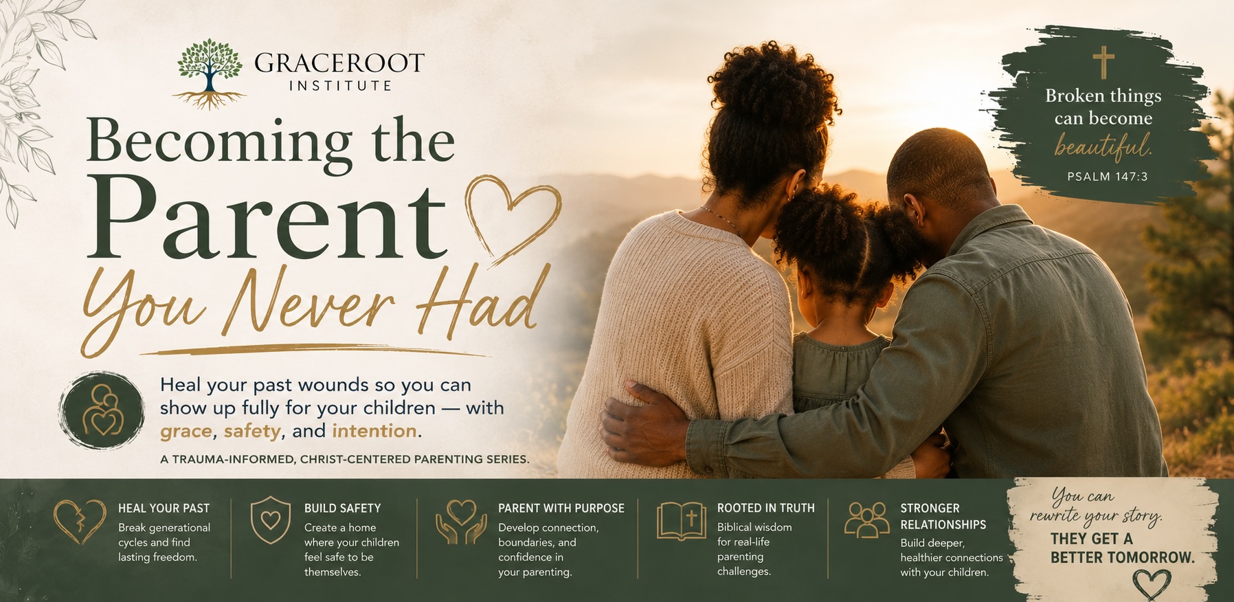 Becoming the Parent You Never Had — a trauma-informed, Christ-centered parenting series from GraceRoot Institute. Heal your past wounds so you can show up fully for your children with grace, safety, and intention. Heal your past, build safety, parent with purpose, stay rooted in truth, and build stronger relationships. You can rewrite your story — they get a better tomorrow.