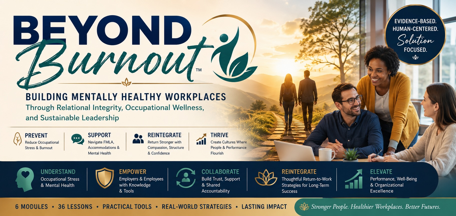 Beyond Burnout™ course banner: prevent occupational stress, support mental health, reintegrate employees, and build sustainable workplace leadership.