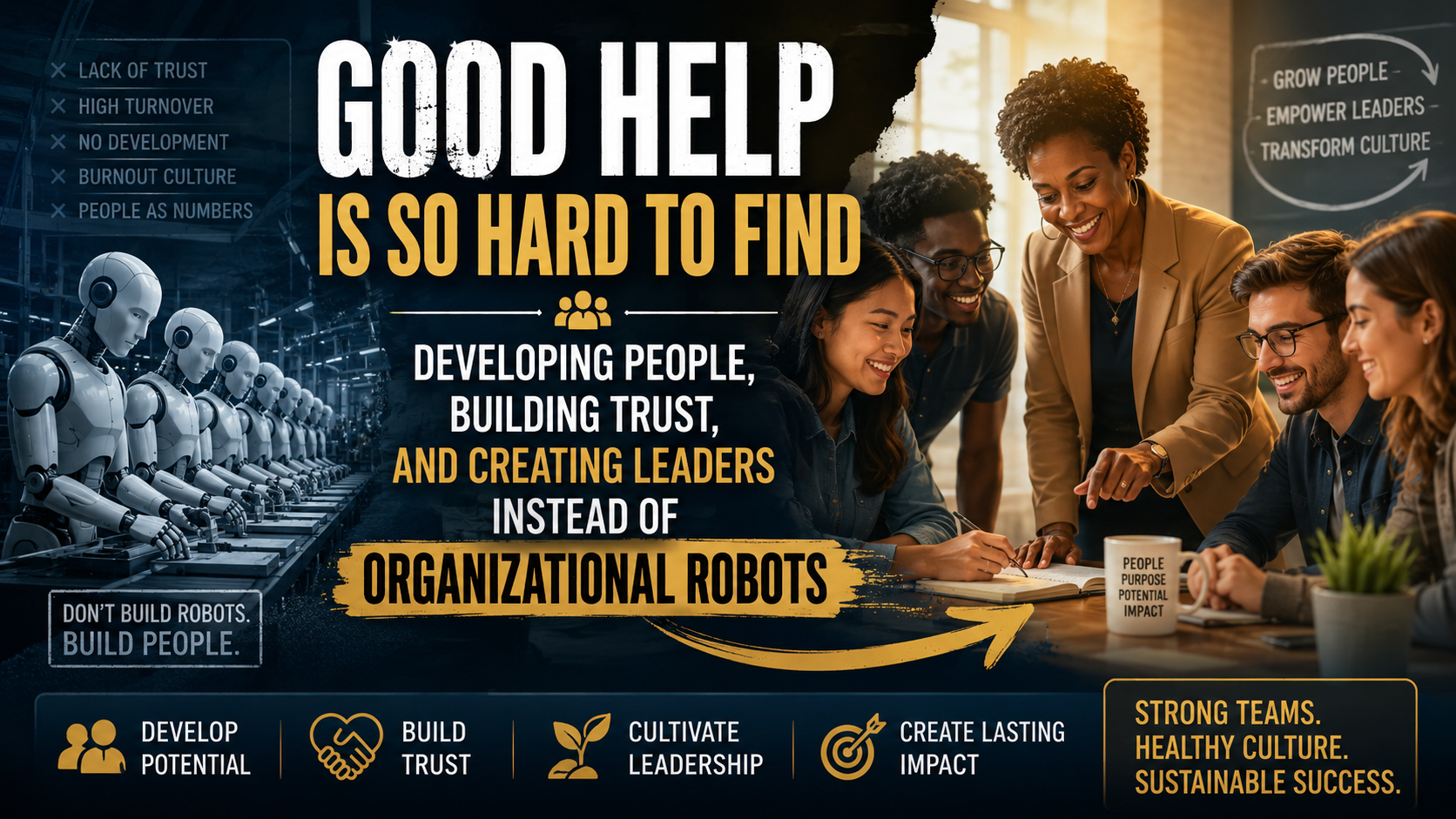 Good Help Is So Hard to Find™ — developing people, building trust, and creating leaders instead of organizational robots. Develop potential · build trust · cultivate leadership · create lasting impact.