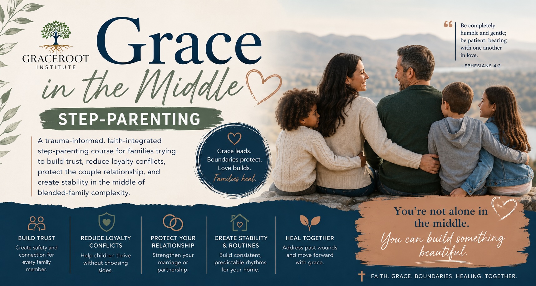 Grace in the Middle: Step-Parenting — a trauma-informed, faith-integrated step-parenting course from GraceRoot Institute for blended families. Build trust, reduce loyalty conflicts, protect your relationship, create stability and routines, and heal together. You're not alone in the middle. You can build something beautiful. Faith. Grace. Boundaries. Healing. Together.