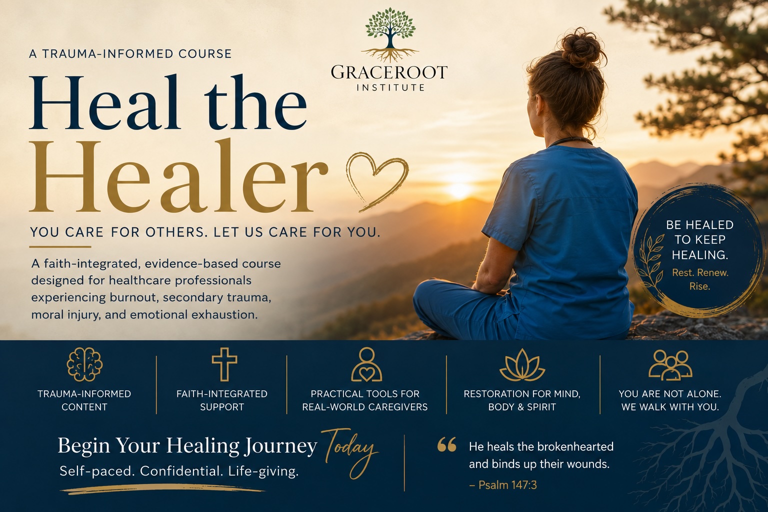 Heal the Healer — a trauma-informed, faith-integrated course for healthcare professionals experiencing burnout, secondary trauma, moral injury, and emotional exhaustion. You care for others. Let us care for you.