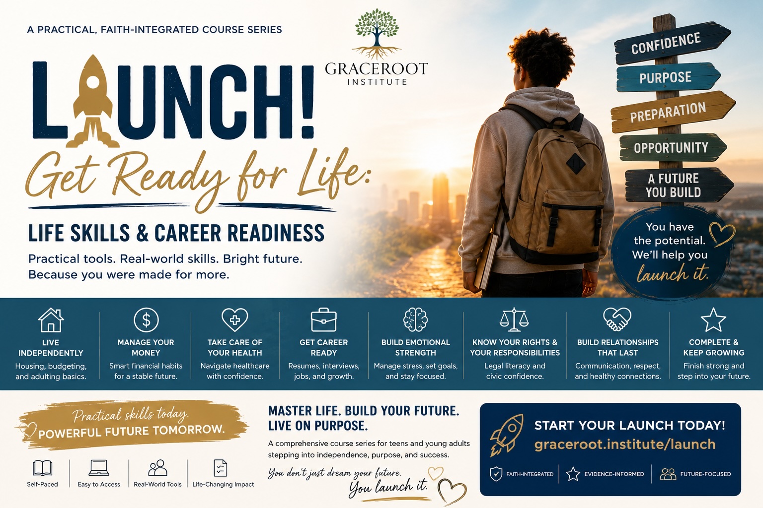 LAUNCH! Get Ready for Life — Life Skills & Career Readiness. A practical, faith-integrated course series for teens and young adults: live independently, manage your money, take care of your health, get career ready, build emotional strength, know your rights, build relationships that last, and keep growing. You don't just dream your future. You launch it.