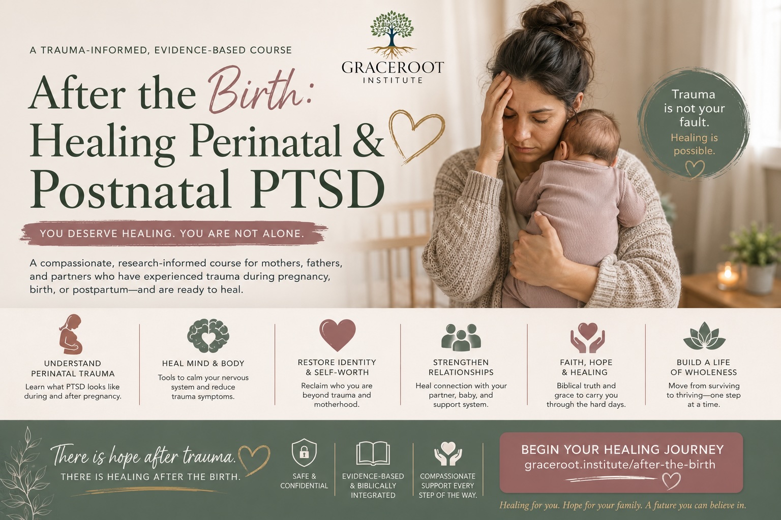 After the Birth: Healing Perinatal & Postnatal PTSD — a trauma-informed, evidence-based, faith-integrated GraceRoot Institute course for mothers, fathers, and partners who experienced trauma during pregnancy, birth, or postpartum. Understand perinatal trauma, heal mind and body, restore identity and self-worth, strengthen relationships, and build a life of wholeness. There is hope after trauma.