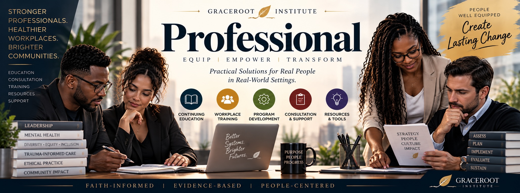 GraceRoot Institute Professional Development — Equip, Empower, Transform. Practical solutions for real people in real-world settings: continuing education, workplace training, program development, consultation and support, and resources and tools. Stronger professionals, healthier workplaces, brighter communities. Faith-informed, evidence-based, people-centered.