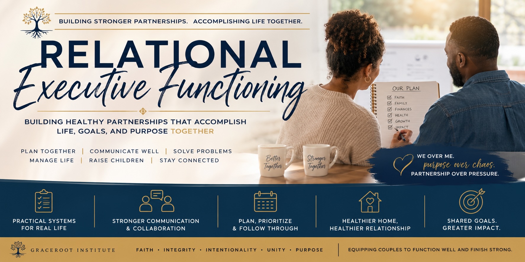 Relational Executive Functioning — a GraceRoot Institute course on building healthy partnerships that accomplish life, goals, and purpose together: understand, align, communicate, plan together, and grow together. Faith-informed, evidence-based, trauma-informed, results-focused.