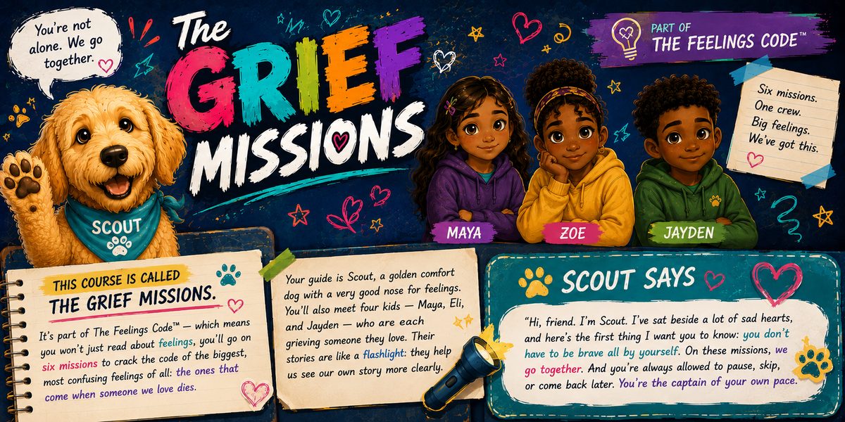 The Feelings Code: The Grief Missions — Scout the comfort dog waving, with Maya, Zoe, and Jayden