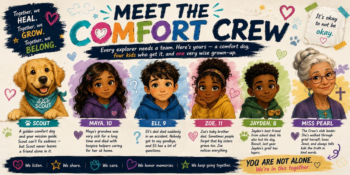 The Comfort Crew: Scout the comfort dog, Maya, Eli, Zoe, Jayden, and Miss Pearl