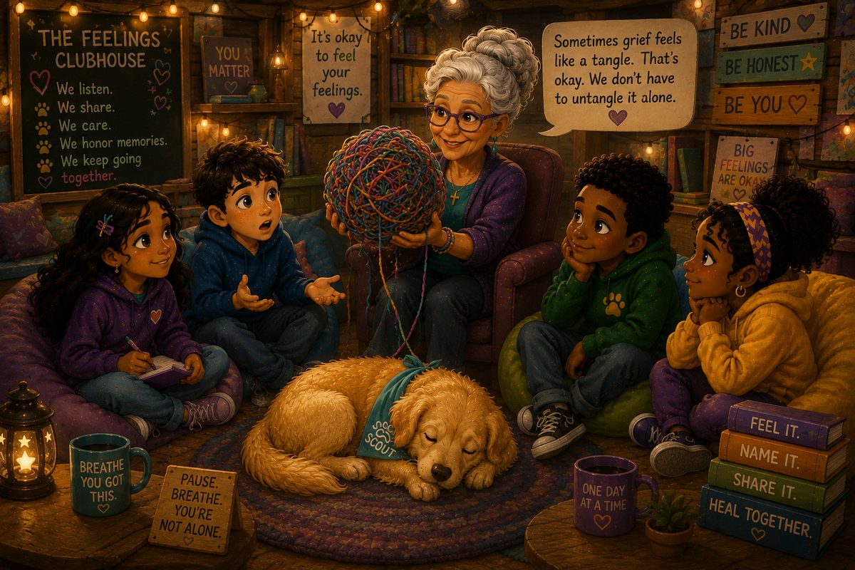 Miss Pearl holds up a big tangled ball of colorful yarn — 'Sometimes grief feels like a tangle. That's okay. We don't have to untangle it alone.' The Crew and Scout listen in the clubhouse.