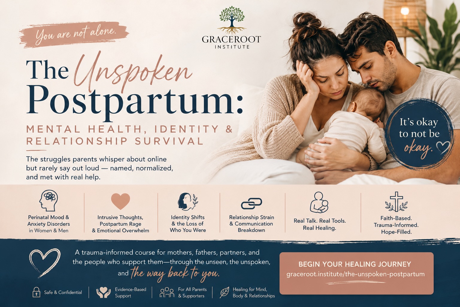 The Unspoken Postpartum: Mental Health, Identity & Relationship Survival — a trauma-informed, faith-based course for mothers, fathers, partners, and the people who support them. You are not alone; it's okay to not be okay.